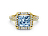 Yellow gold Fancy Blue Princess Cut Halo Diamond Ring with Pavé Band