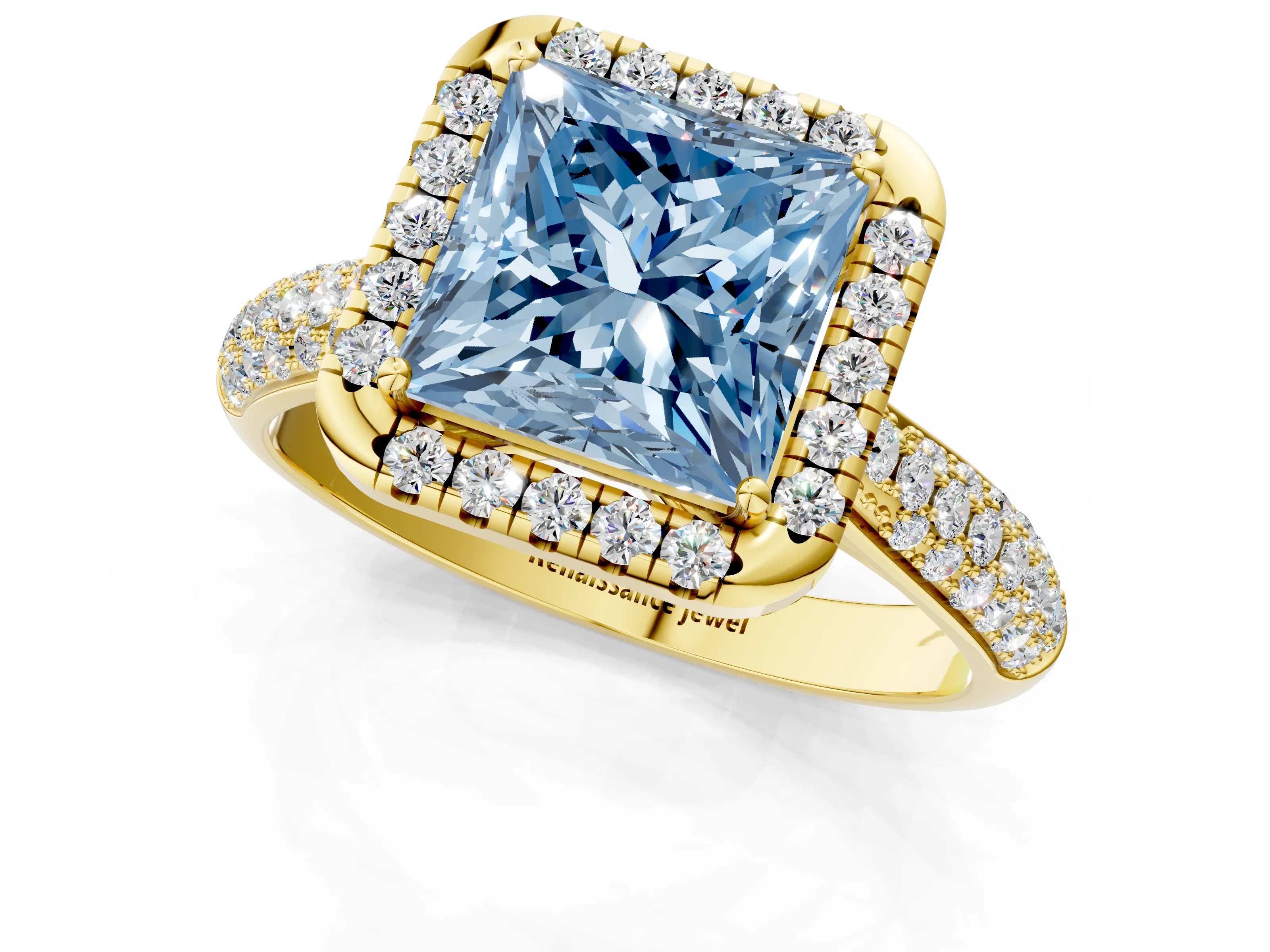 Yellow gold Fancy Blue Princess Cut Halo Diamond Ring with Pavé Band_1