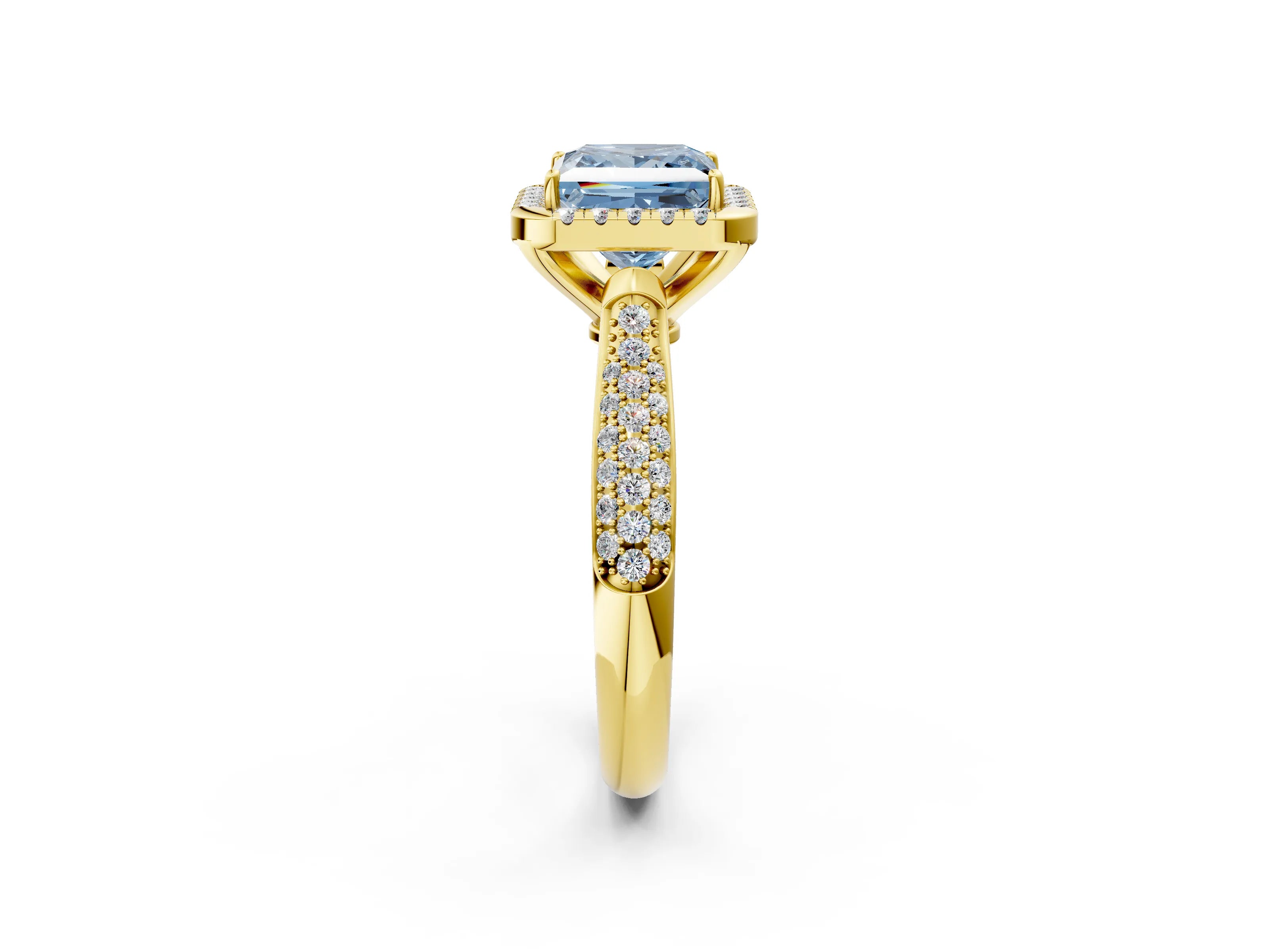 Yellow gold Fancy Blue Princess Cut Halo Diamond Ring with Pavé Band_2