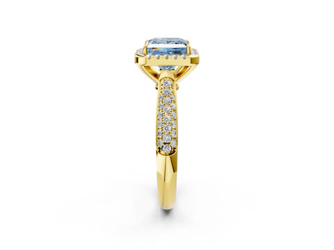Yellow gold Fancy Blue Princess Cut Halo Diamond Ring with Pavé Band_2