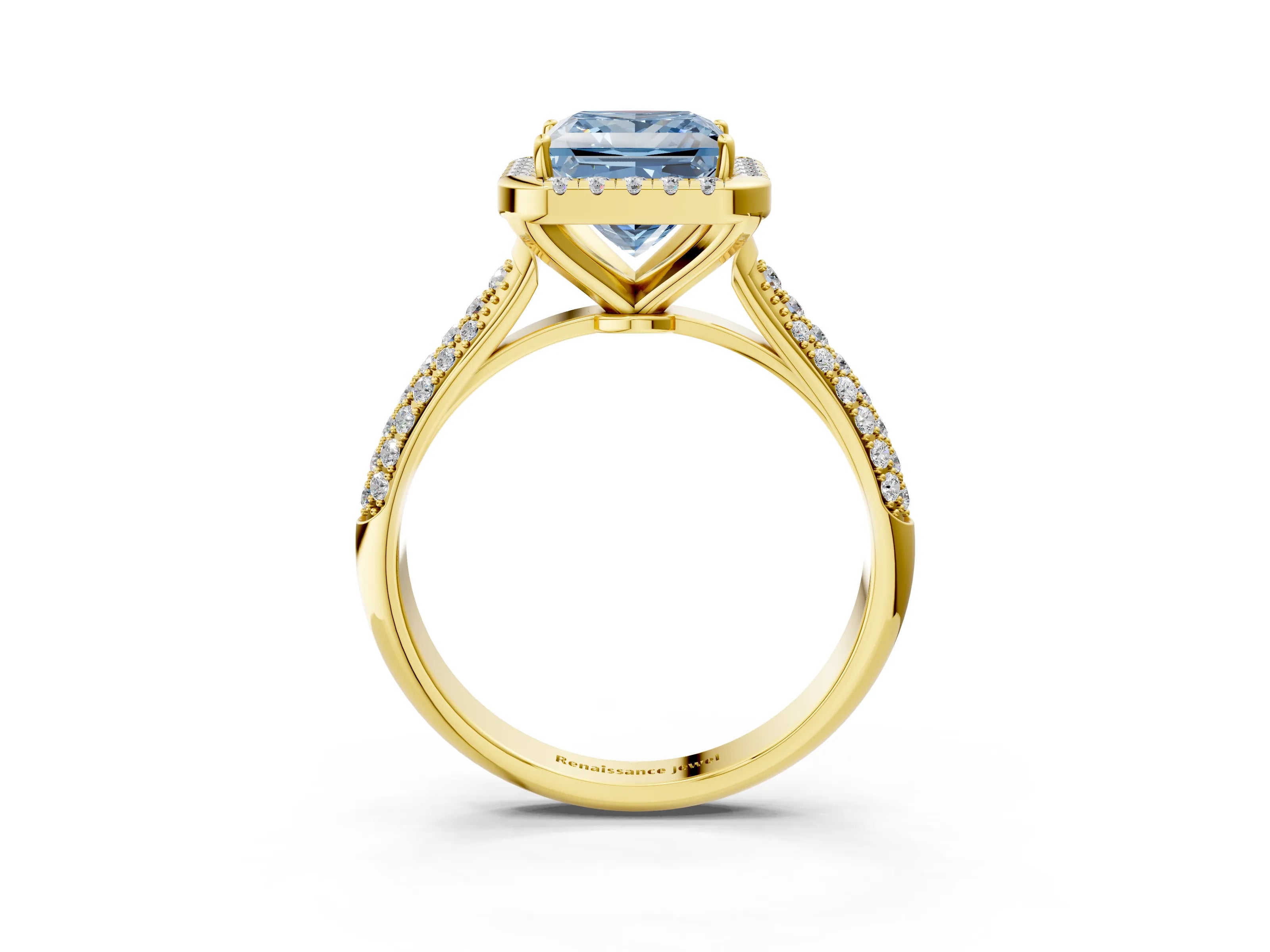 Yellow gold Fancy Blue Princess Cut Halo Diamond Ring with Pavé Band_3