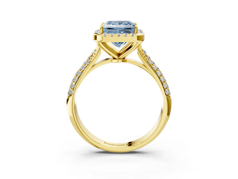 Yellow gold Fancy Blue Princess Cut Halo Diamond Ring with Pavé Band_3