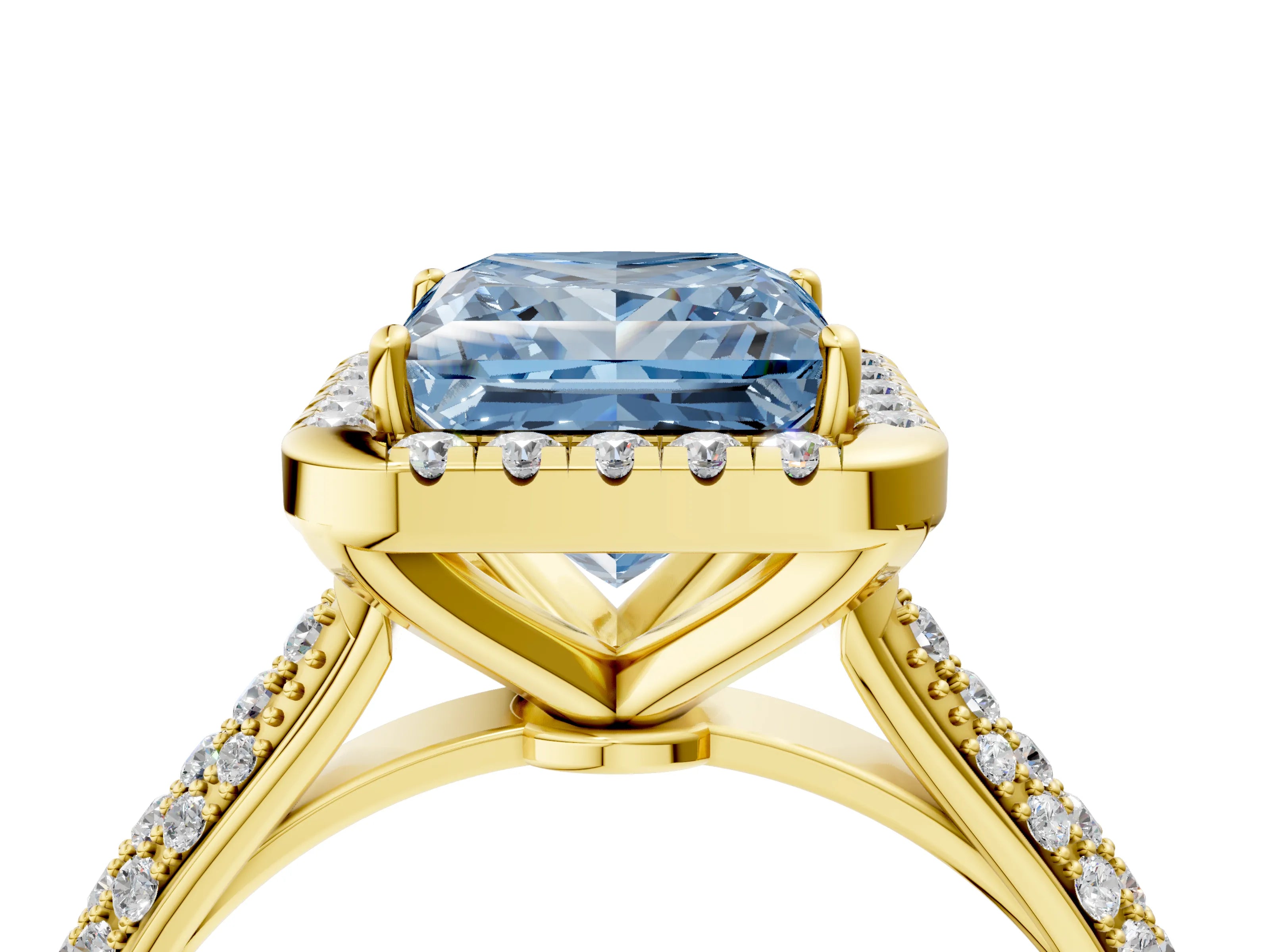 Yellow gold Fancy Blue Princess Cut Halo Diamond Ring with Pavé Band_4