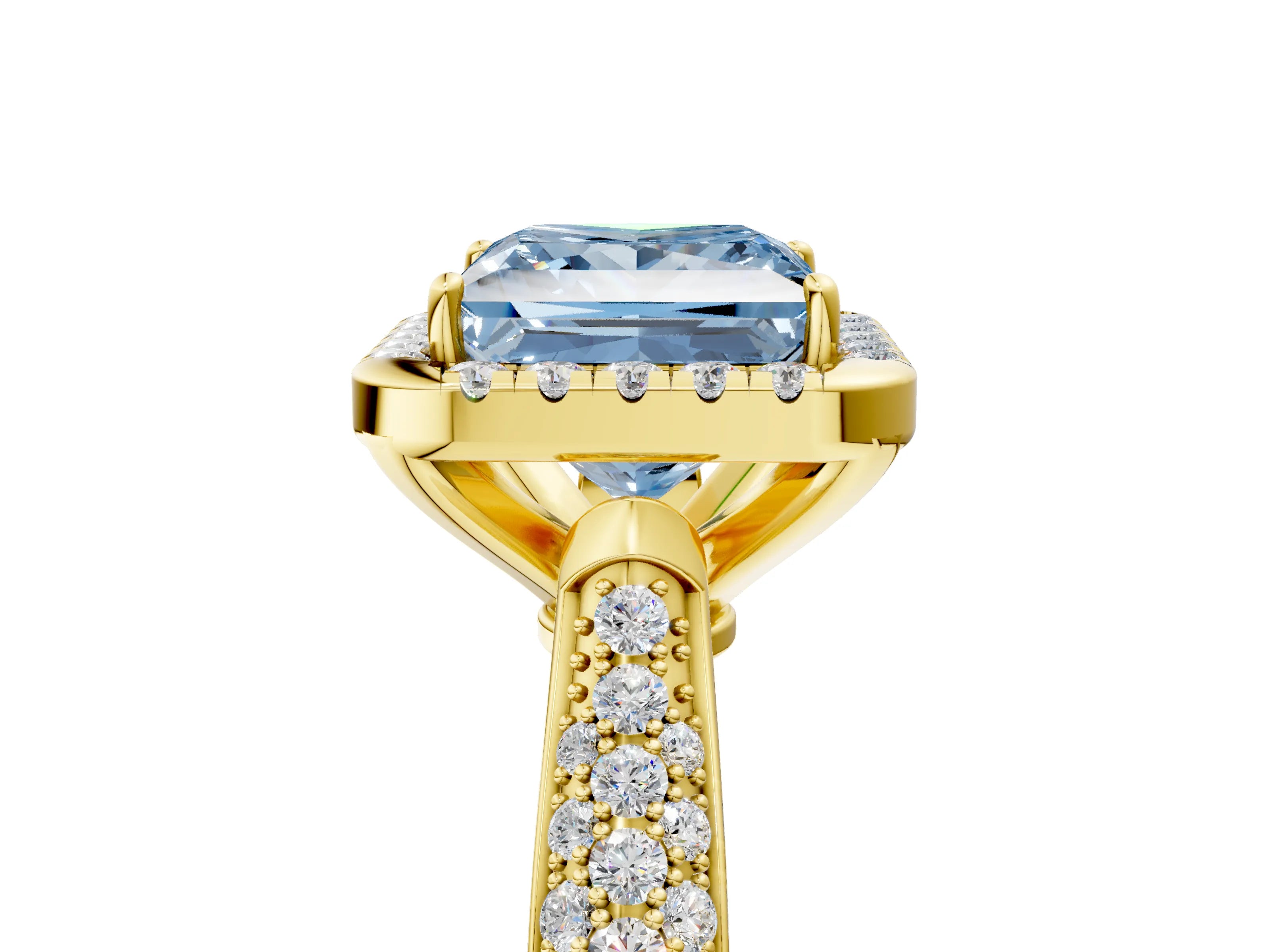Yellow gold Fancy Blue Princess Cut Halo Diamond Ring with Pavé Band_5