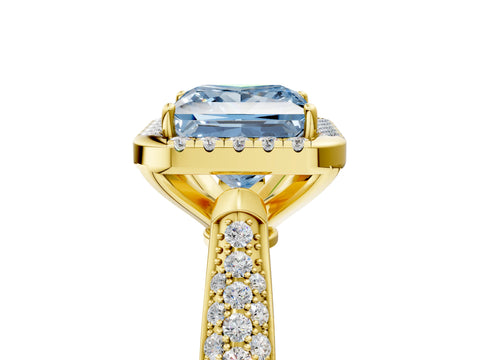 Yellow gold Fancy Blue Princess Cut Halo Diamond Ring with Pavé Band_5