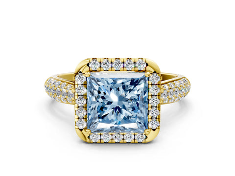 Yellow gold Fancy Blue Princess Cut Halo Diamond Ring with Pavé Band