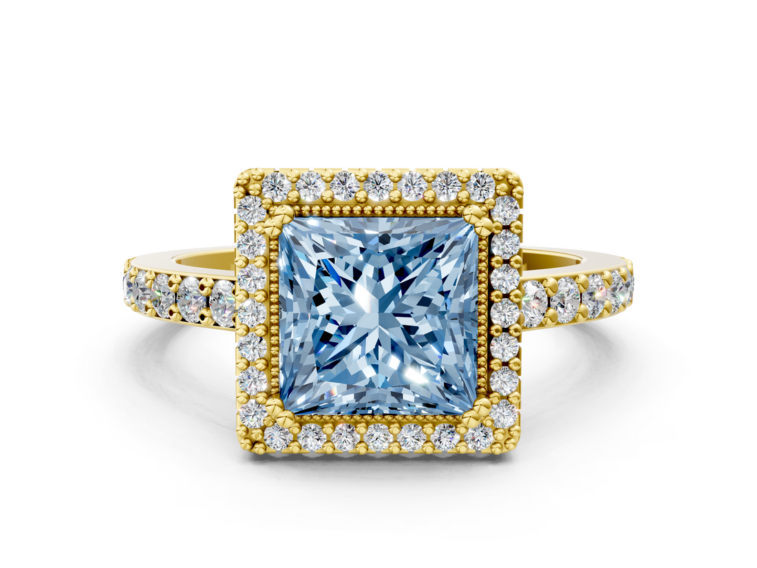 Yellow gold Fancy Blue Princess  Cut Halo Diamond Ring with Pave Band and Four-Prong Setting_24