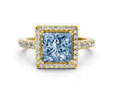 Yellow gold Fancy Blue Princess  Cut Halo Diamond Ring with Pave Band and Four-Prong Setting_24