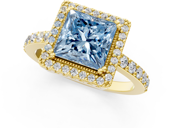 Yellow gold Fancy Blue Princess  Cut Diamond Halo Engagement Ring with Milgrain Detail and Pavé Band