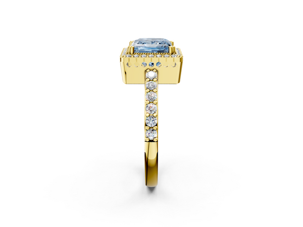 Yellow gold Fancy Blue Princess  Cut Diamond Halo Engagement Ring with Milgrain Detail and Pavé Band