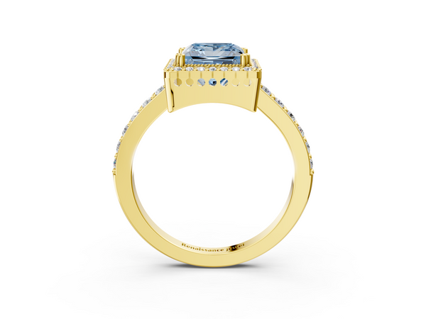 Yellow gold Fancy Blue Princess  Cut Diamond Halo Engagement Ring with Milgrain Detail and Pavé Band