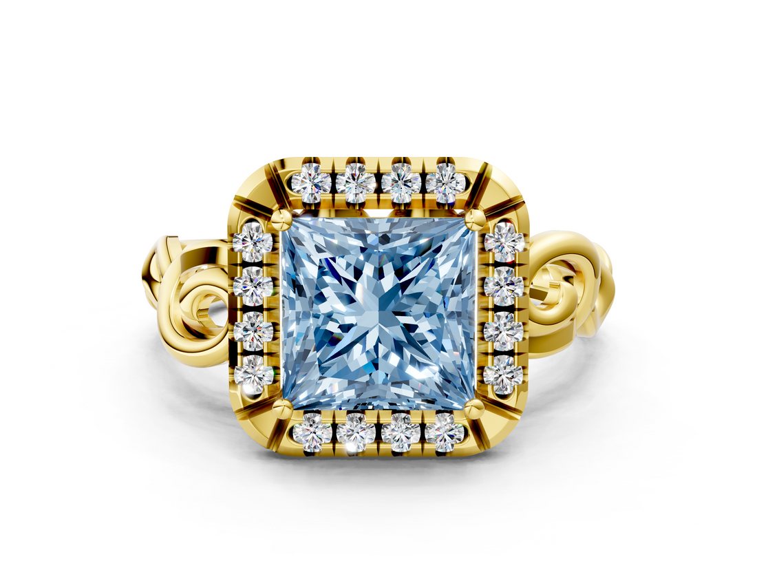 Yellow gold Fancy Blue Princess  Cut Halo Diamond Ring with Scrollwork Band and Four-Prong Setting_46