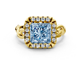 Yellow gold Fancy Blue Princess  Cut Halo Diamond Ring with Scrollwork Band and Four-Prong Setting_46