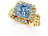 Yellow gold Fancy Blue Princess  Cut Halo Diamond Ring with Scrollwork Band and Four-Prong Setting_47