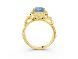 Yellow gold Fancy Blue Princess  Cut Halo Diamond Ring with Scrollwork Band and Four-Prong Setting_49