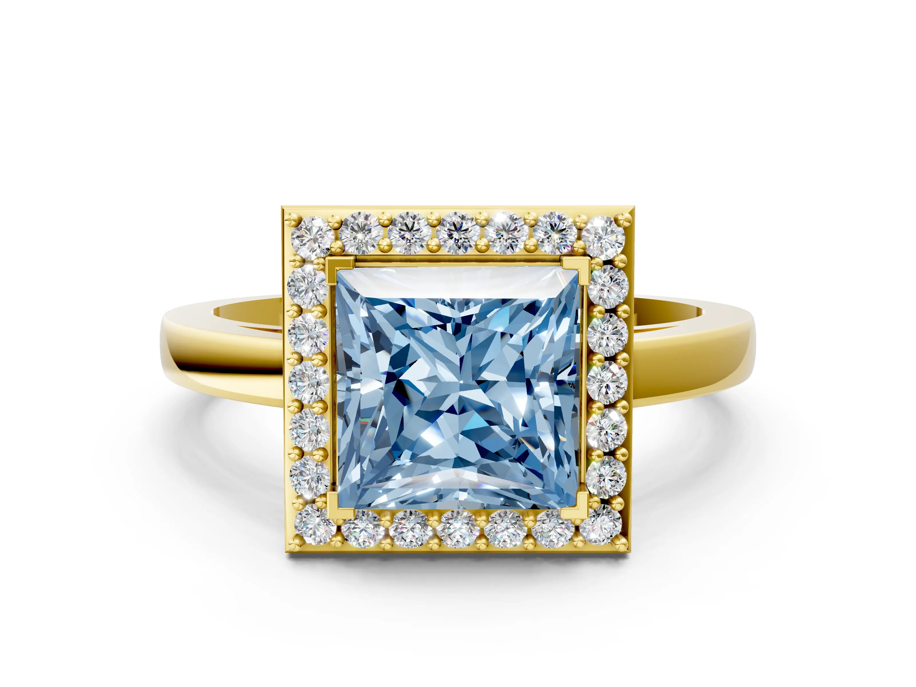 Yellow gold Fancy Blue Princess Cut Halo Diamond Ring with Solitaire Band and Prong Setting