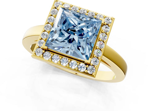Yellow gold Fancy Blue Princess Cut Halo Diamond Ring with Solitaire Band and Prong Setting_1