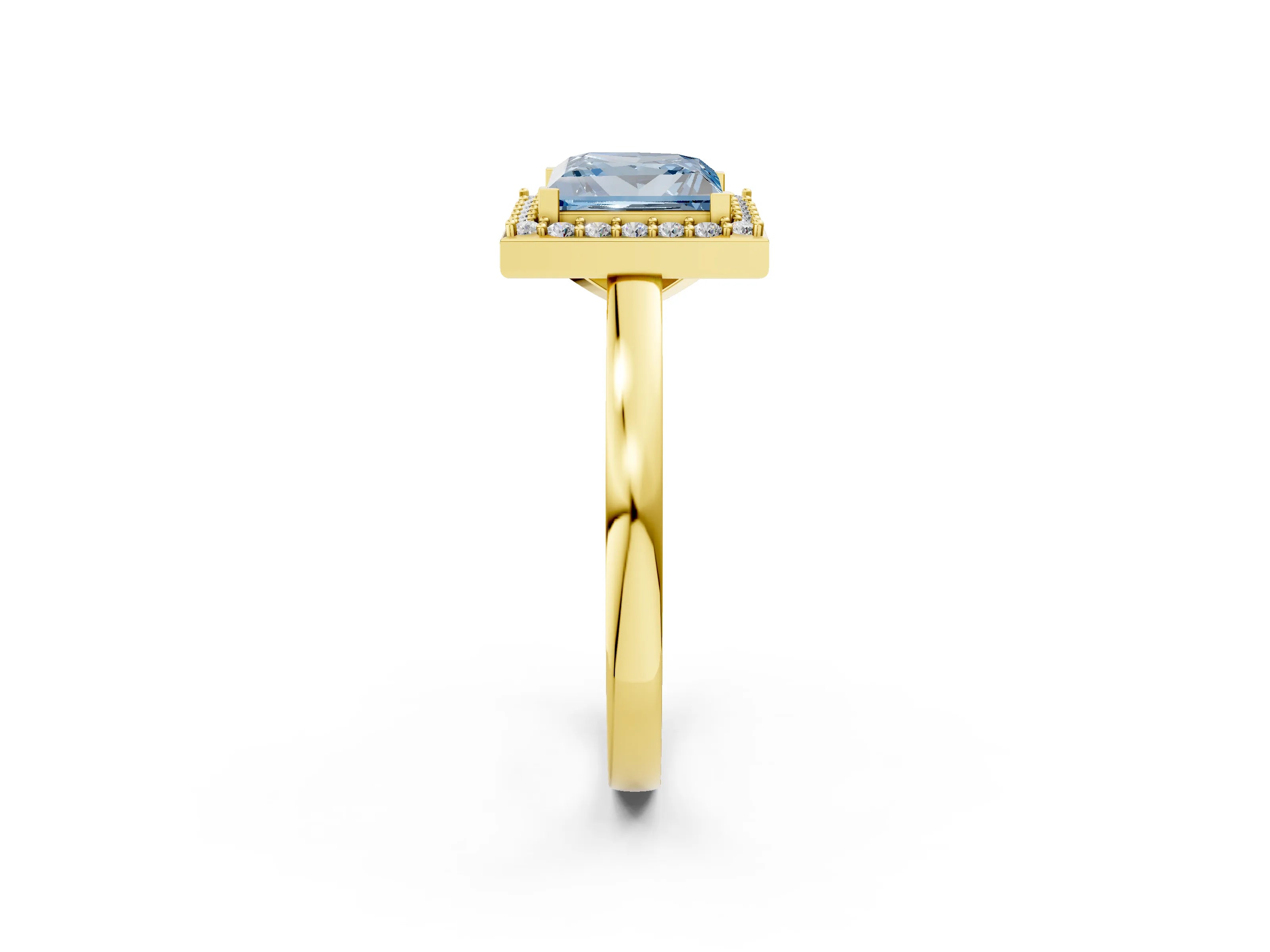 Yellow gold Fancy Blue Princess Cut Halo Diamond Ring with Solitaire Band and Prong Setting_2