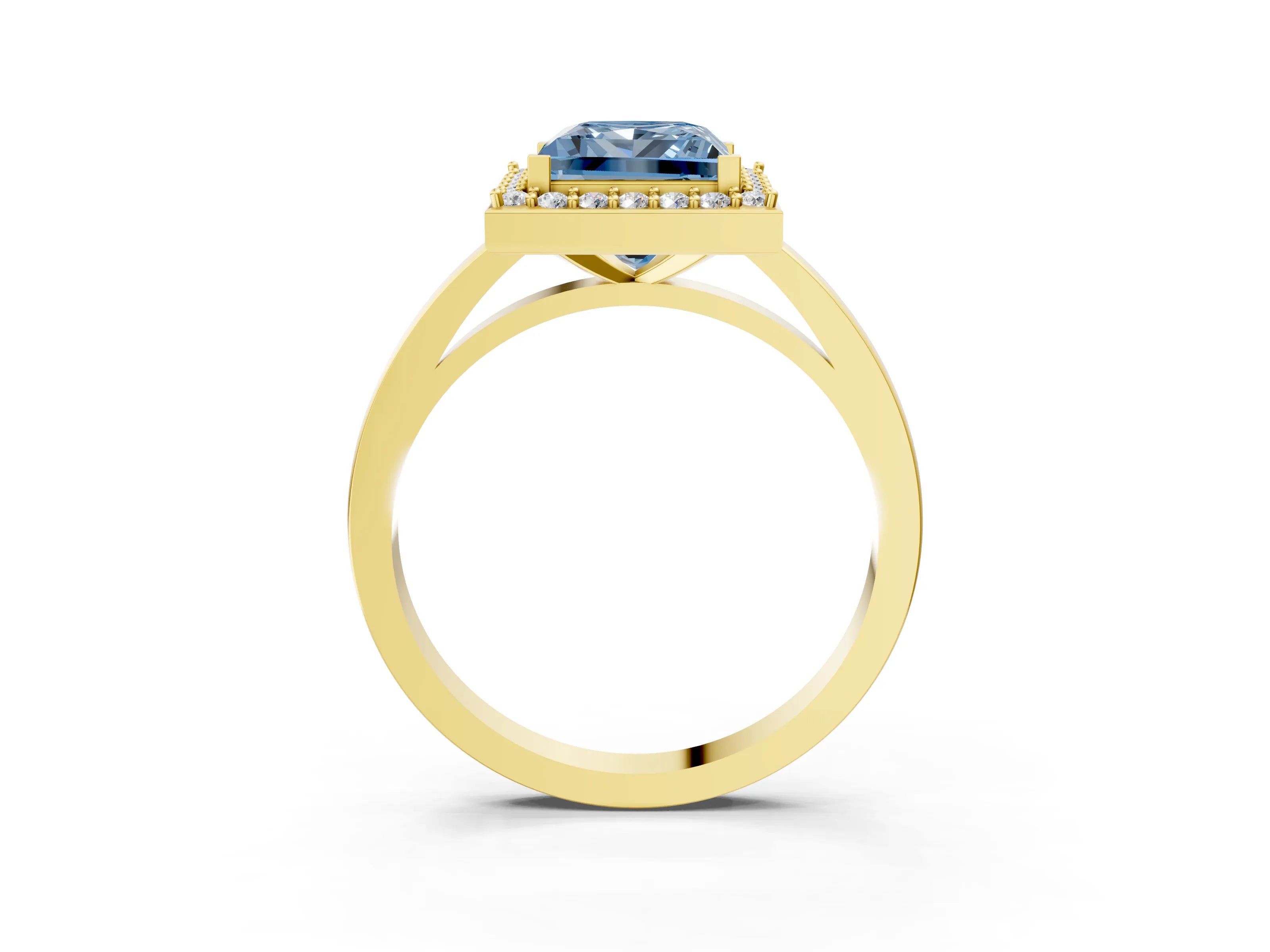 Yellow gold Fancy Blue Princess Cut Halo Diamond Ring with Solitaire Band and Prong Setting_3
