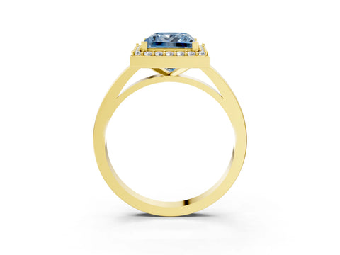 Yellow gold Fancy Blue Princess Cut Halo Diamond Ring with Solitaire Band and Prong Setting_3