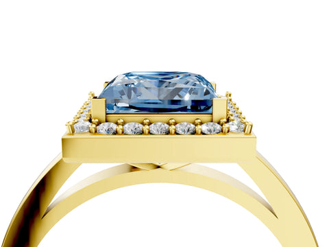Yellow gold Fancy Blue Princess Cut Halo Diamond Ring with Solitaire Band and Prong Setting_4