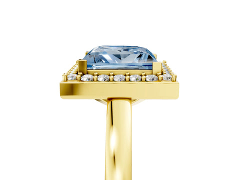 Yellow gold Fancy Blue Princess Cut Halo Diamond Ring with Solitaire Band and Prong Setting_5