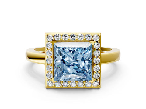 Yellow gold Fancy Blue Princess Cut Halo Diamond Ring with Solitaire Band and Prong Setting