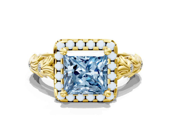 Yellow gold Fancy Blue Princess Cut Halo Diamond Solitaire with Filigree Band and Four-Prong Setting