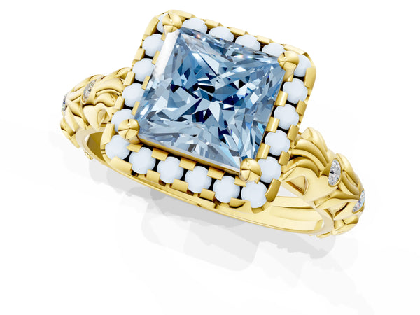 Yellow gold Fancy Blue Princess Cut Halo Diamond Solitaire with Filigree Band and Four-Prong Setting
