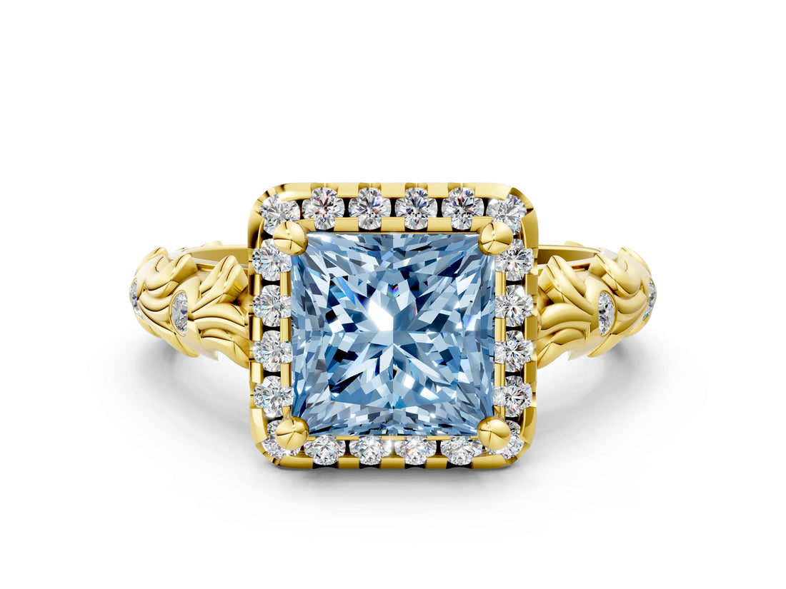 Yellow gold Fancy Blue Princess Cut Halo Diamond Solitaire with Filigree Band and Four-Prong Setting_12