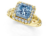 Yellow gold Fancy Blue Princess Cut Halo Diamond Solitaire with Filigree Band and Four-Prong Setting_13