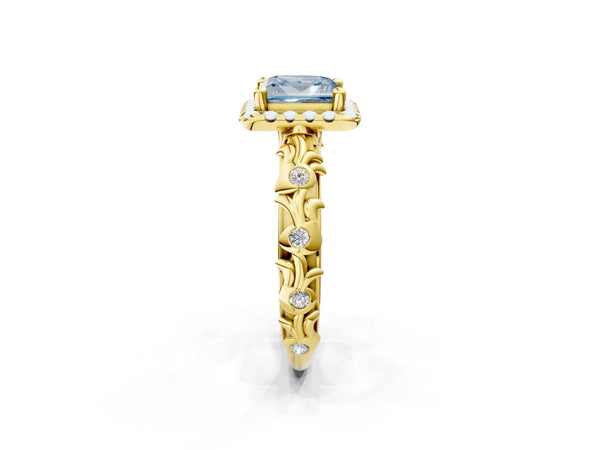 Yellow gold Fancy Blue Princess Cut Halo Diamond Solitaire with Filigree Band and Four-Prong Setting