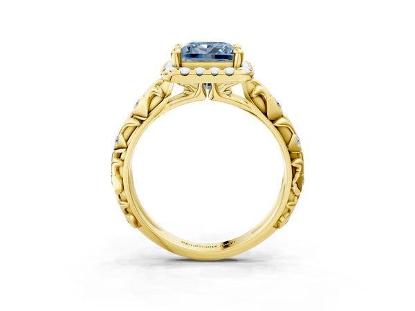 Yellow gold Fancy Blue Princess Cut Halo Diamond Solitaire with Filigree Band and Four-Prong Setting