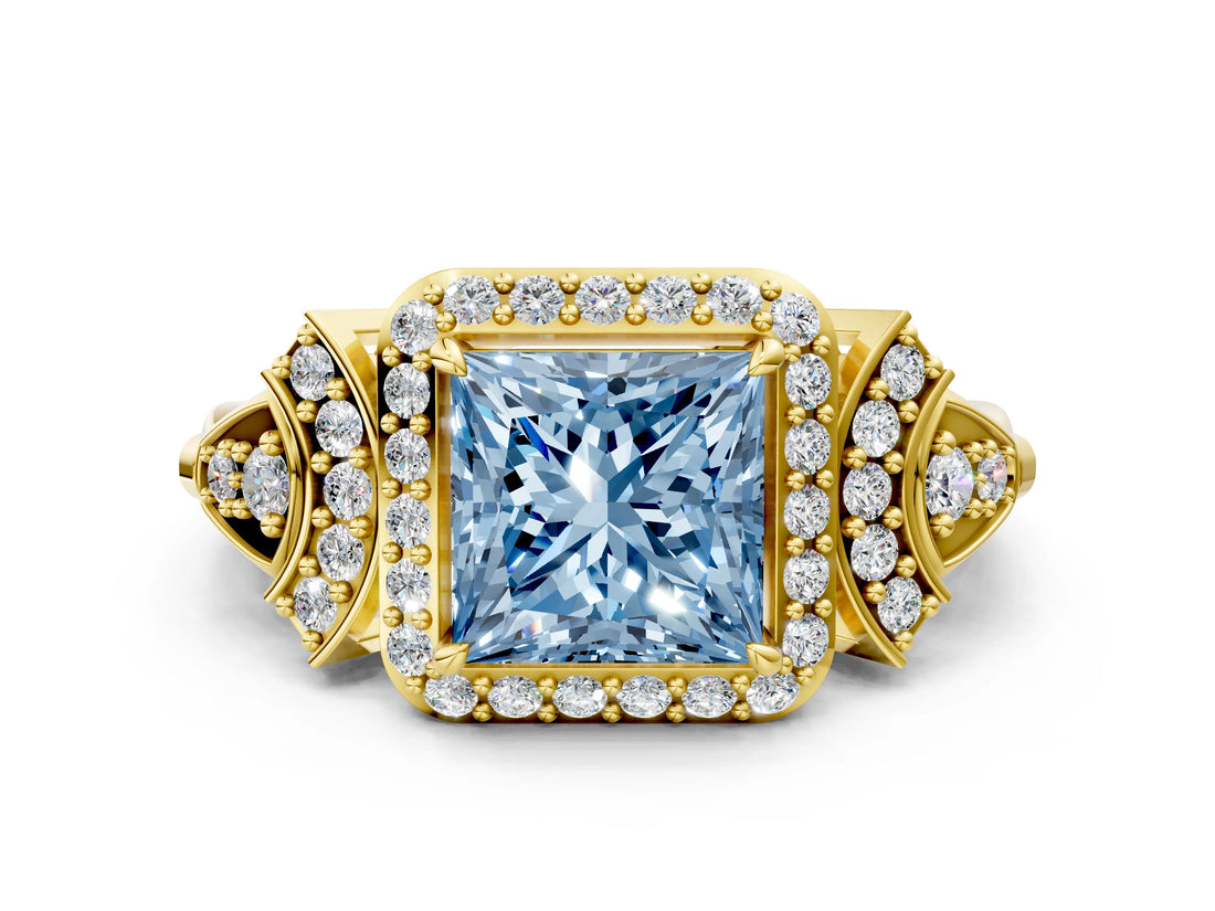 Yellow gold Fancy Blue Princess Cut Halo Diamond Split Shank Engagement Ring with Four-Prong Setting