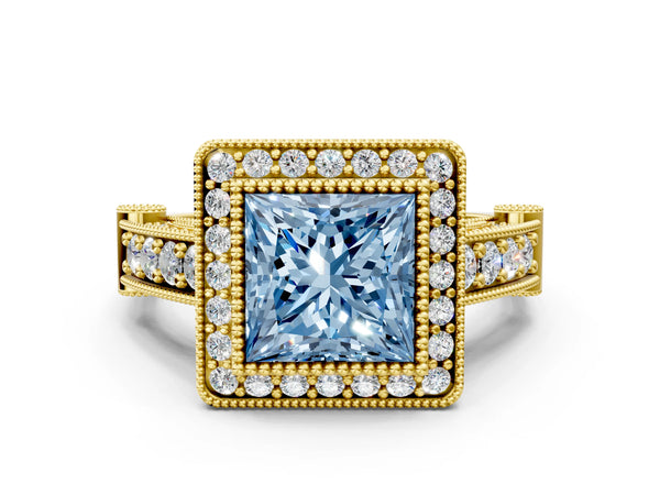 Yellow Gold Princess Cut Vintage Bezel Halo Engagement Ring Setting for Fancy Blue Center