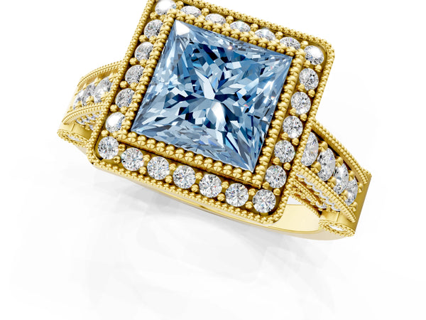 Yellow Gold Princess Cut Vintage Bezel Halo Engagement Ring Setting for Fancy Blue Center