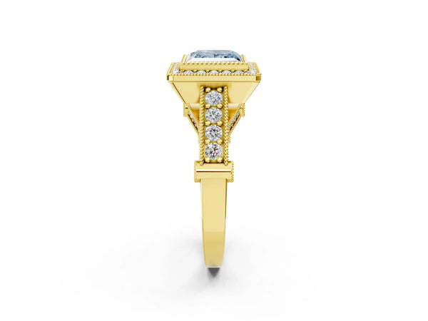 Yellow Gold Princess Cut Vintage Bezel Halo Engagement Ring Setting for Fancy Blue Center