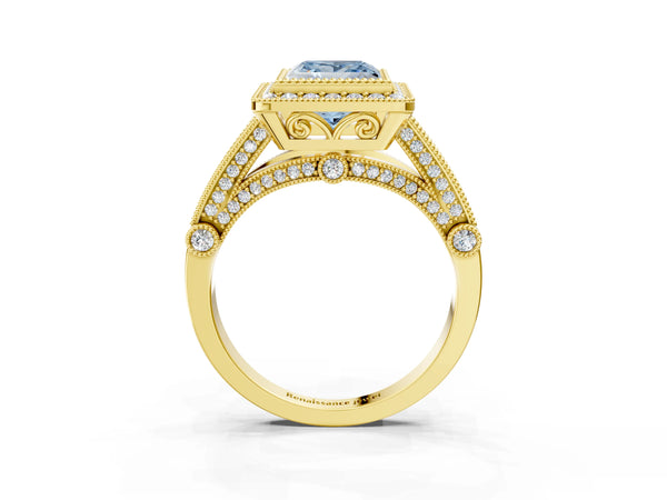 Yellow Gold Princess Cut Vintage Bezel Halo Engagement Ring Setting for Fancy Blue Center