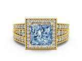 Yellow gold Fancy Blue Princess Cut Halo Diamond Split Shank Ring with Prong Setting