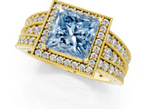 Yellow gold Fancy Blue Princess Cut Halo Diamond Split Shank Ring with Prong Setting_1