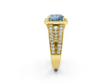 Yellow gold Fancy Blue Princess Cut Halo Diamond Split Shank Ring with Prong Setting_2
