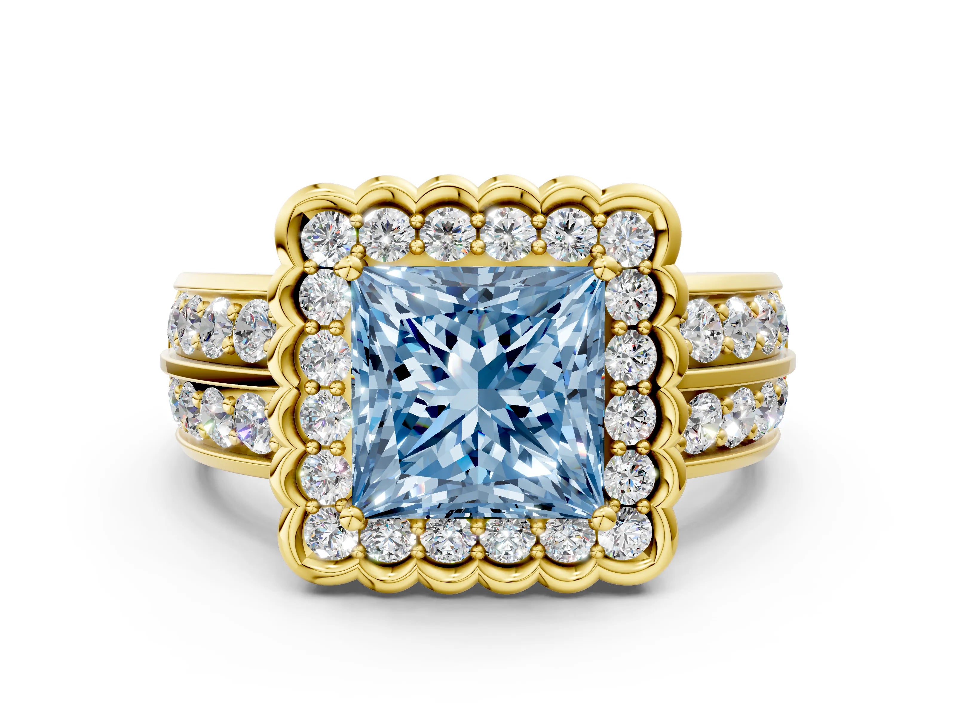 Yellow gold Fancy Blue Princess Cut Halo Diamond Split Shank Ring with Scalloped Prong Setting