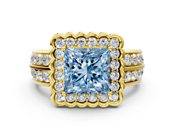 Yellow gold Fancy Blue Princess Cut Halo Diamond Split Shank Ring with Scalloped Prong Setting