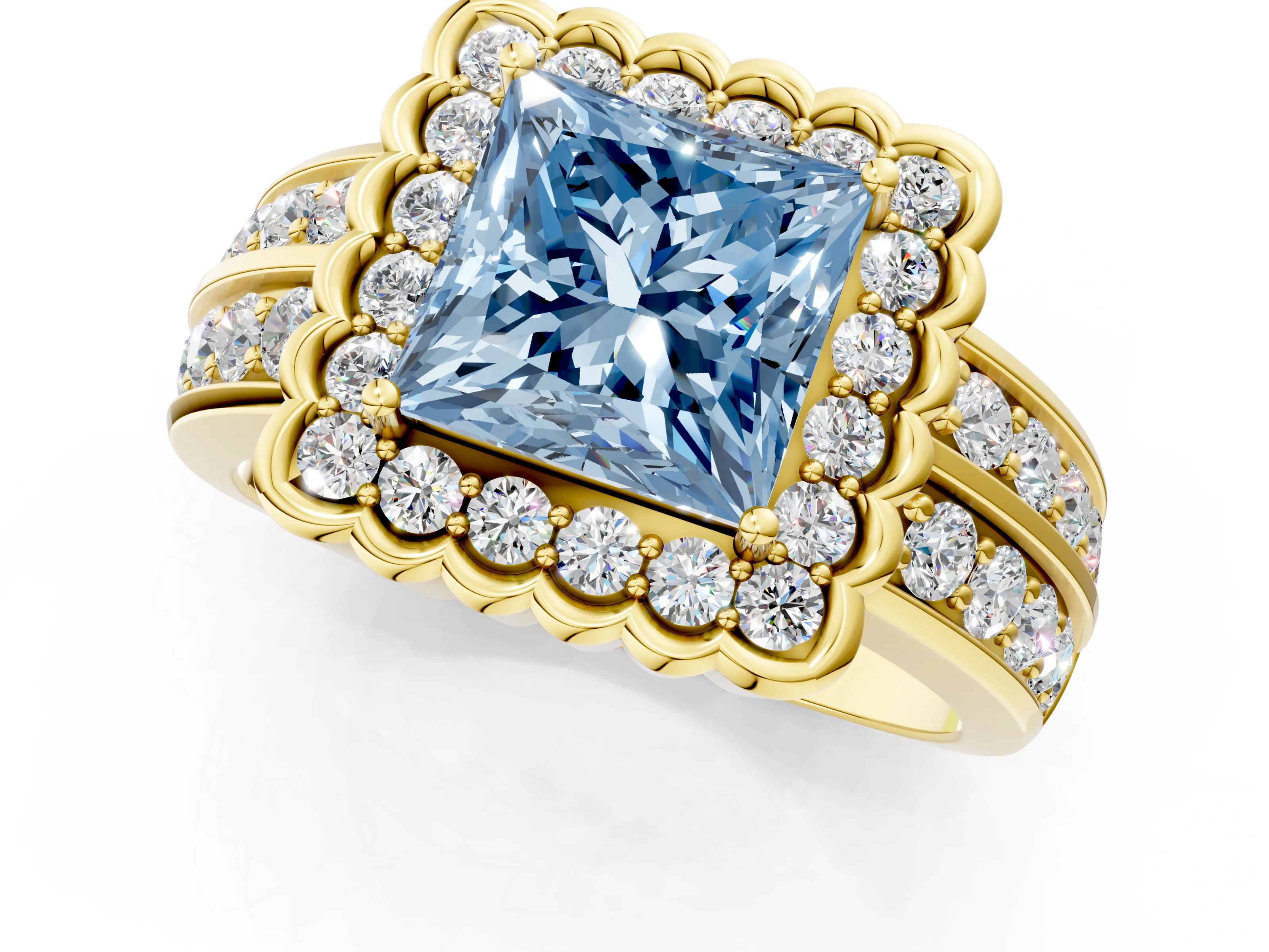 Yellow gold Fancy Blue Princess Cut Halo Diamond Split Shank Ring with Scalloped Prong Setting_1