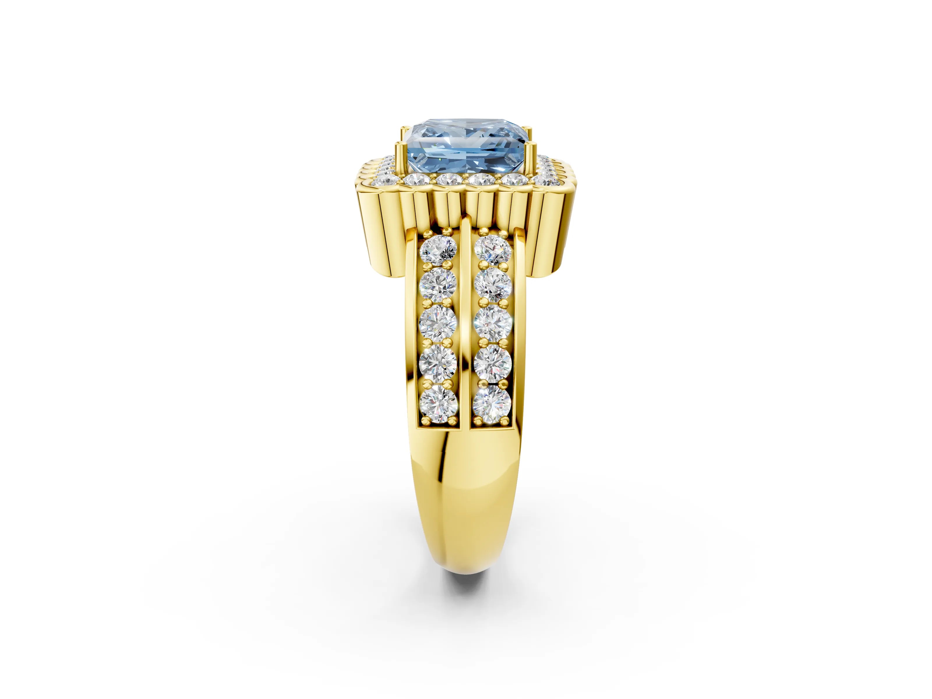 Yellow gold Fancy Blue Princess Cut Halo Diamond Split Shank Ring with Scalloped Prong Setting_2