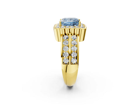 Yellow gold Fancy Blue Princess Cut Halo Diamond Split Shank Ring with Scalloped Prong Setting_2