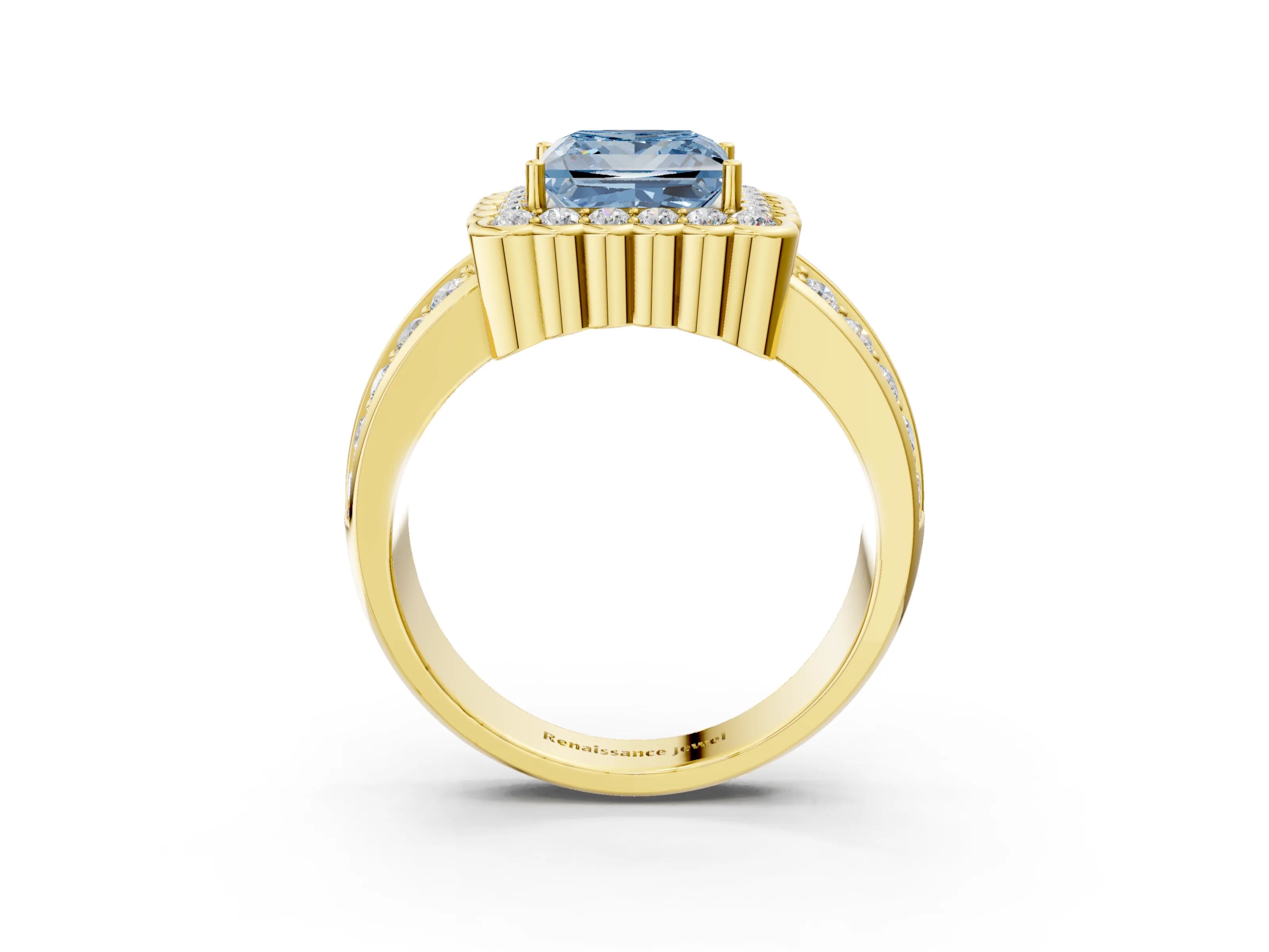 Yellow gold Fancy Blue Princess Cut Halo Diamond Split Shank Ring with Scalloped Prong Setting_3