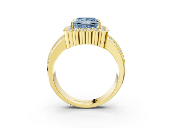 Yellow gold Fancy Blue Princess Cut Halo Diamond Split Shank Ring with Scalloped Prong Setting