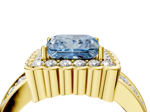 Yellow gold Fancy Blue Princess Cut Halo Diamond Split Shank Ring with Scalloped Prong Setting_4