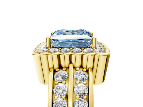 Yellow gold Fancy Blue Princess Cut Halo Diamond Split Shank Ring with Scalloped Prong Setting_5